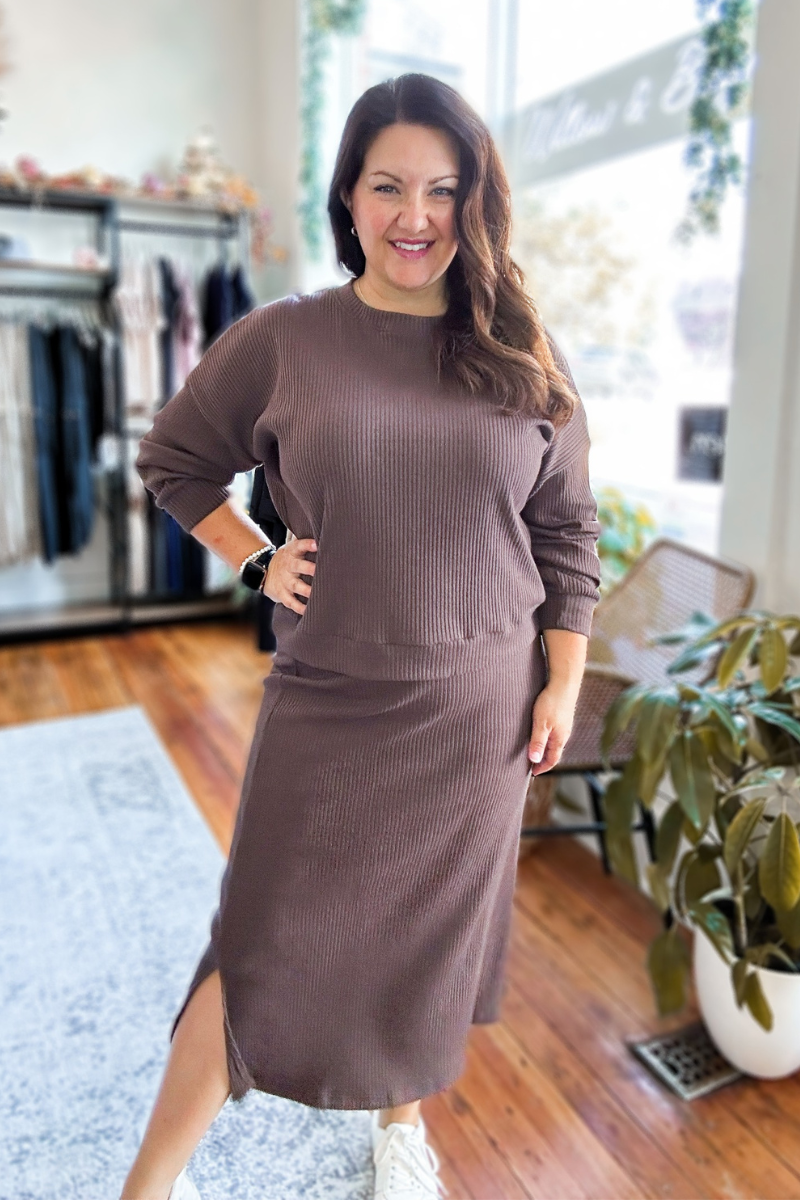 The Alessia Ribbed Midi Skirt in Chocolate Brown