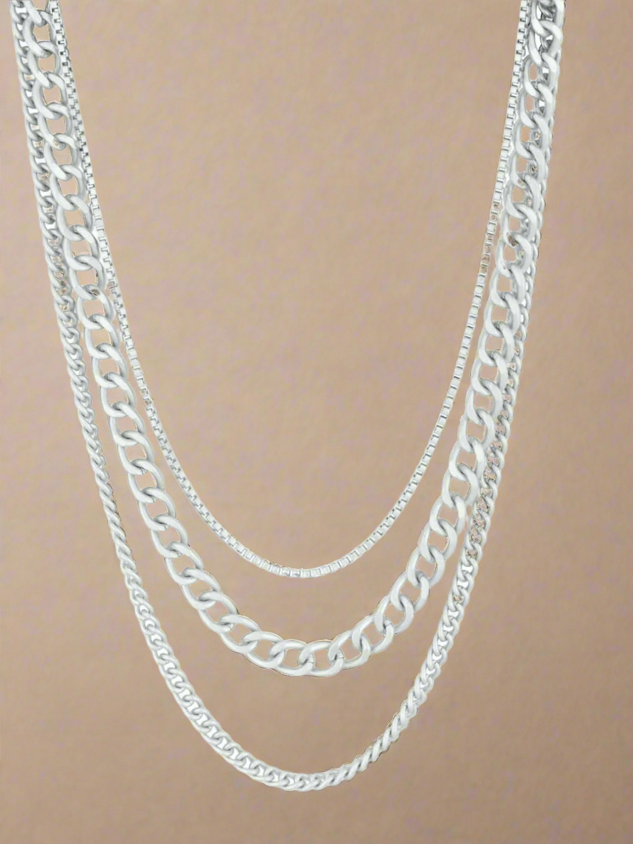 Triple Delight Box Cuban and Curb Style Chain Necklace: MATTE SILVER