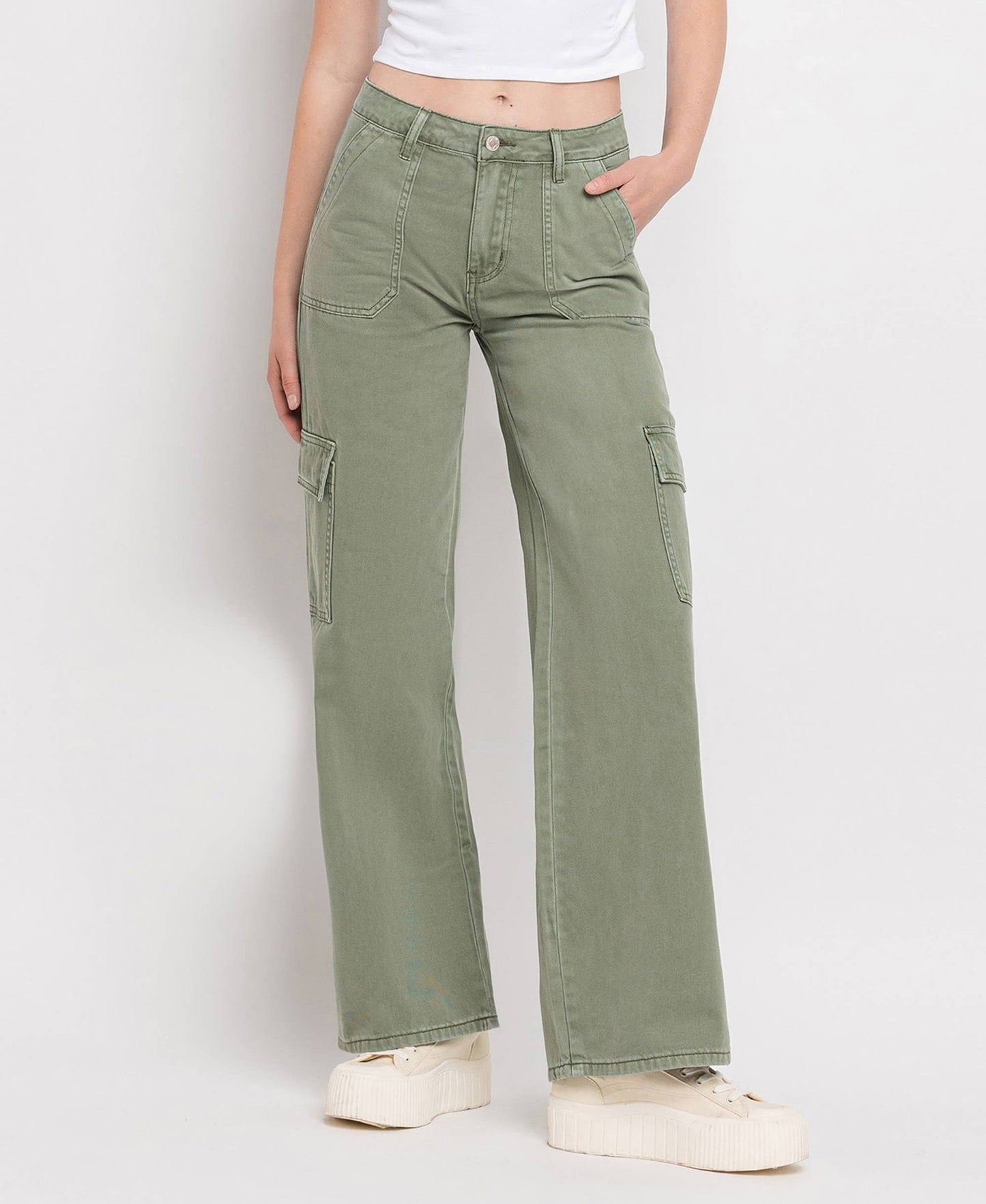 High Rise Cargo Wide Leg Army Green Jeans