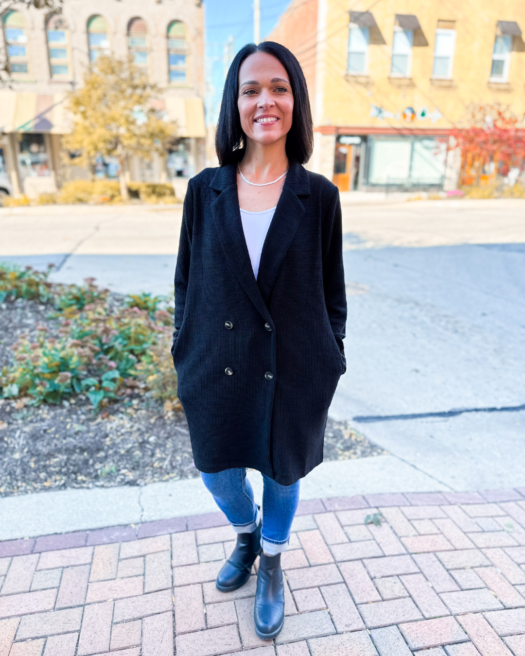 Adeline Waffle Knit Coatigan with Pockets in Black