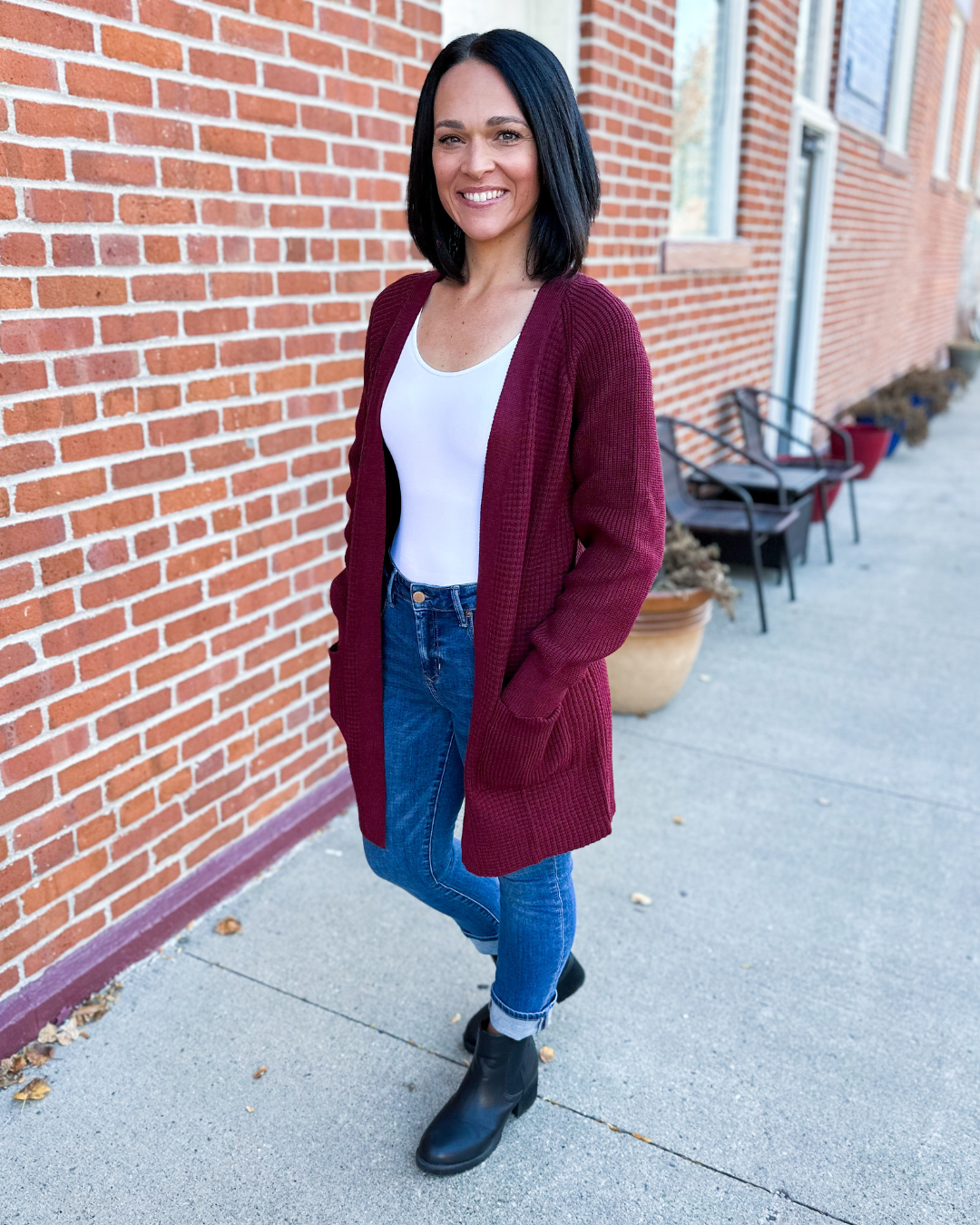 Helena Rib Knit Open Cardigan with Pockets - Wine
