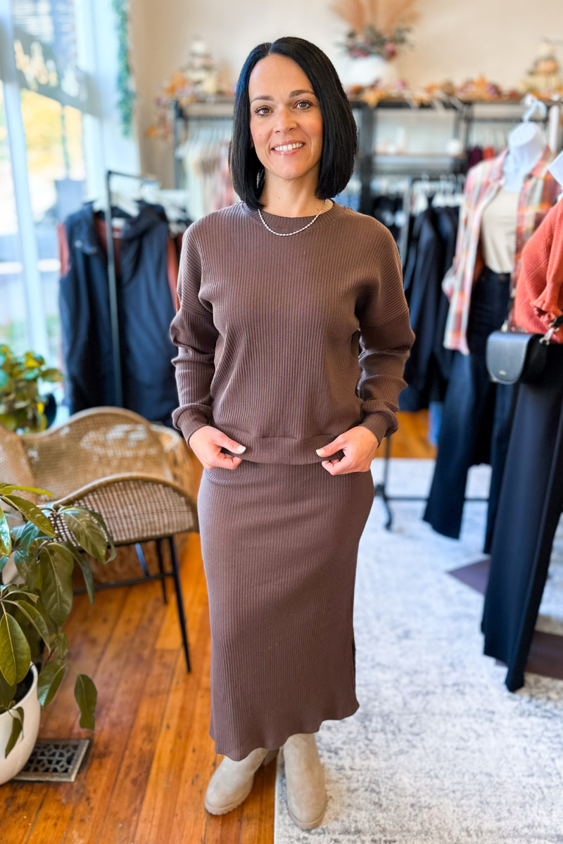 The Alessia Ribbed Midi Skirt in Chocolate Brown