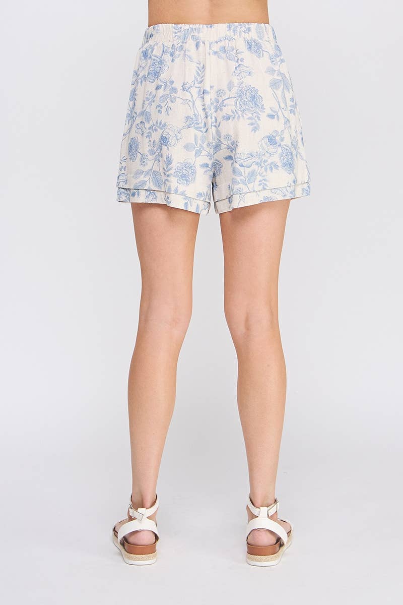 Printed Soft Linen Shorts: Blue Blossom