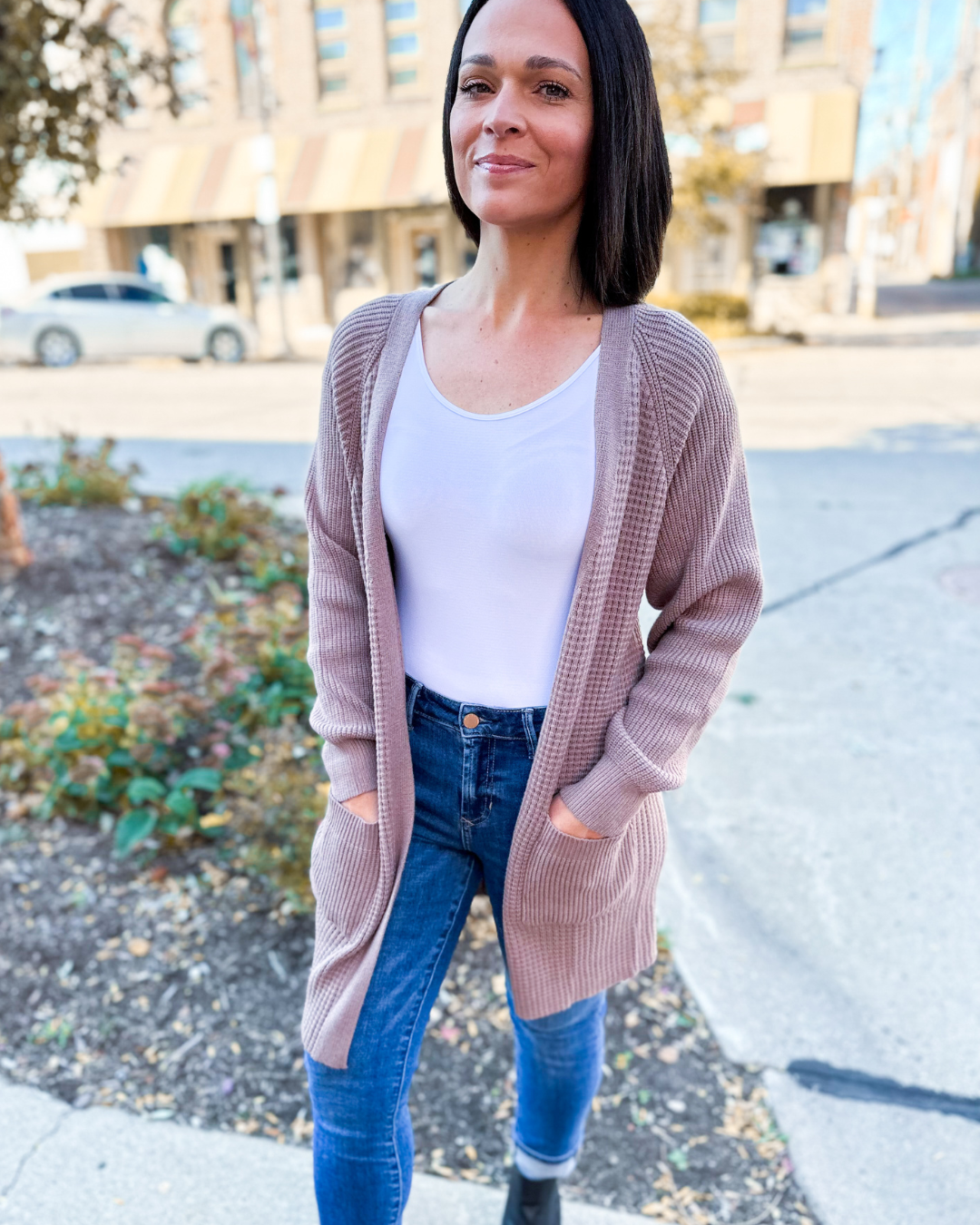 Helena Rib Knit Open Cardigan with Pockets - Coco