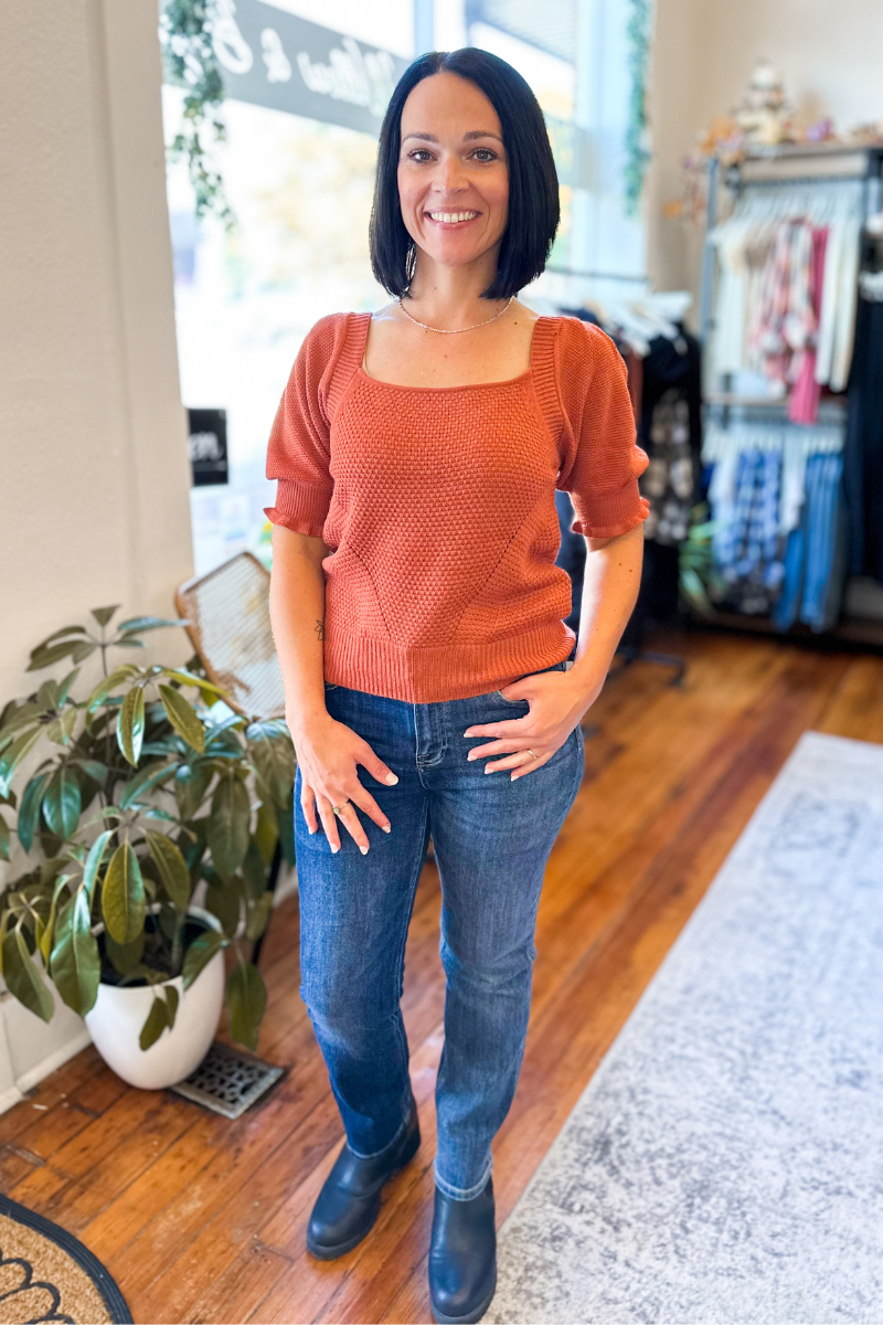 Caspian Orange Puff Sleeve Knit Top