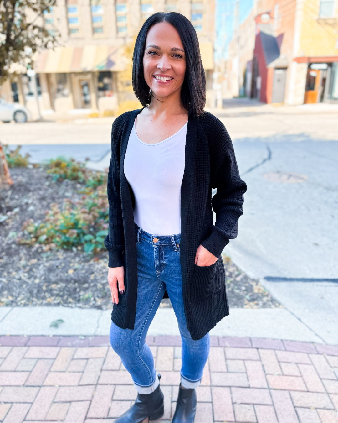Helena Rib Knit Open Cardigan with Pockets in Black