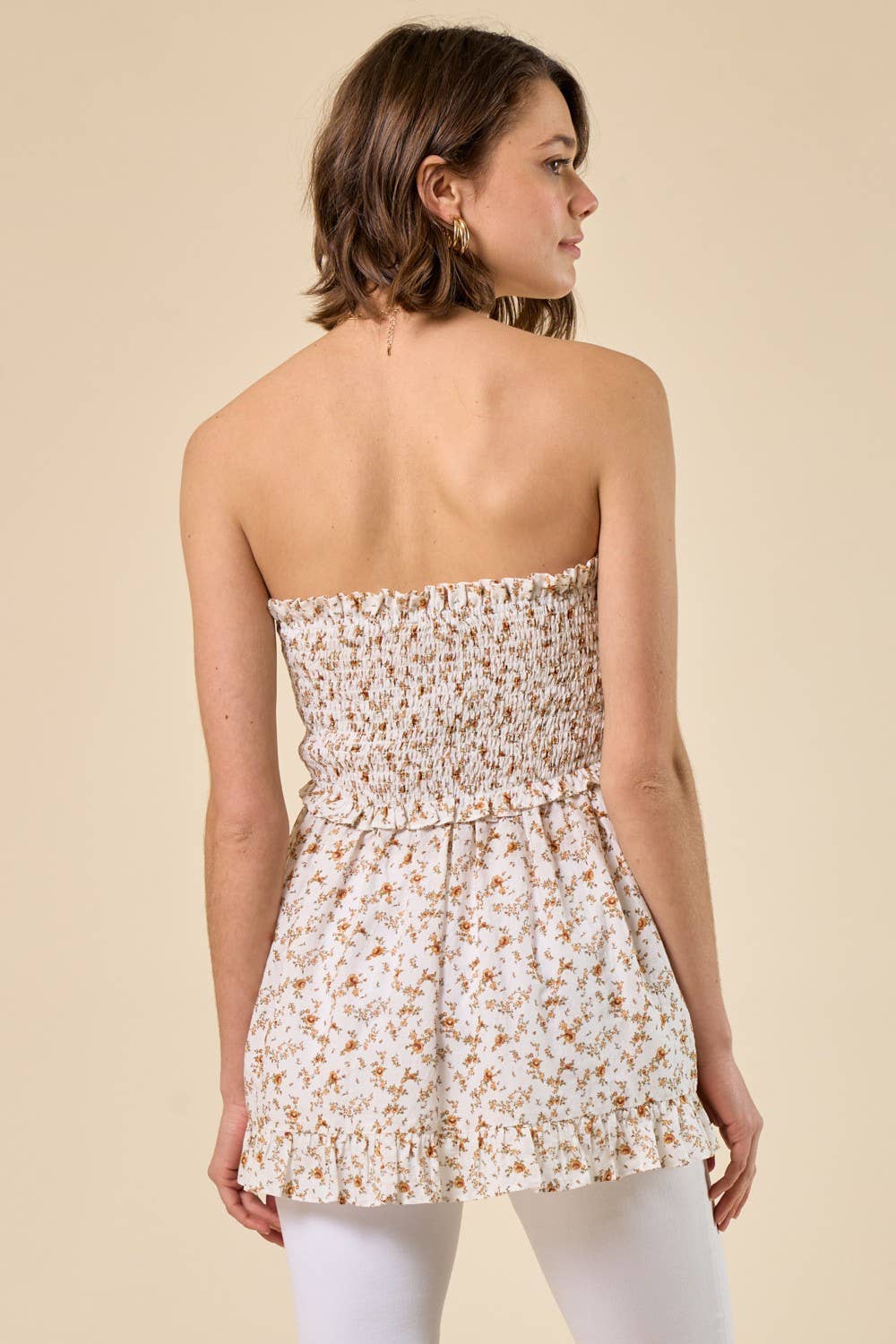 Zara Ditsy Smocked Tube Top in Caramel