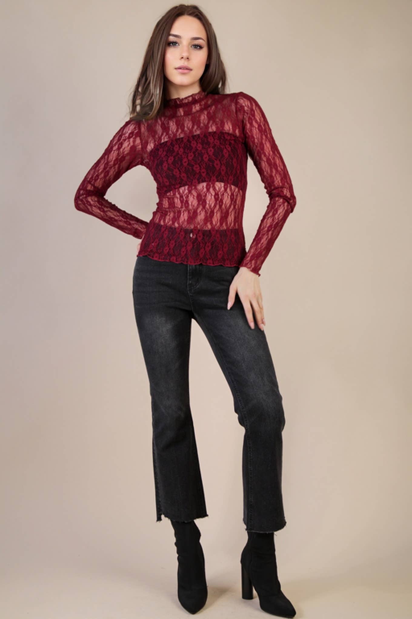 High Neck Fitted Sheer Mesh Lace Knit Top in Wine