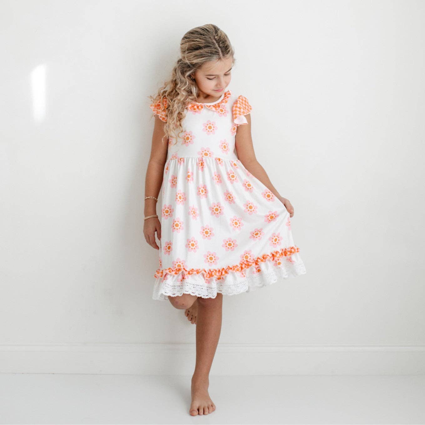 Girls Pink & Cantaloupe Flower Dress