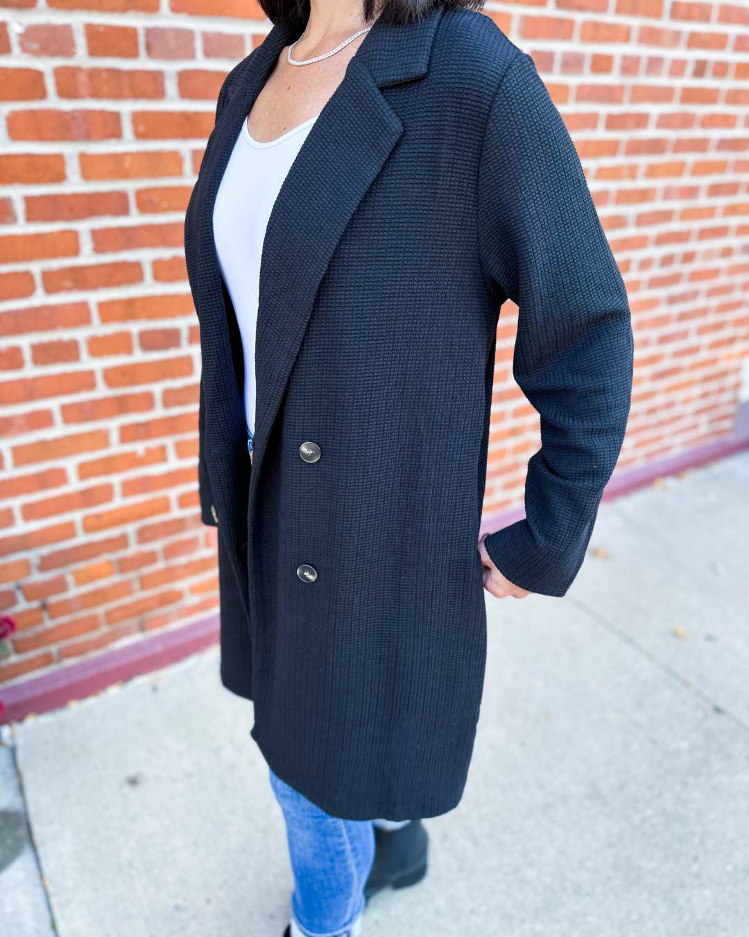 Adeline Waffle Knit Coatigan with Pockets in Black