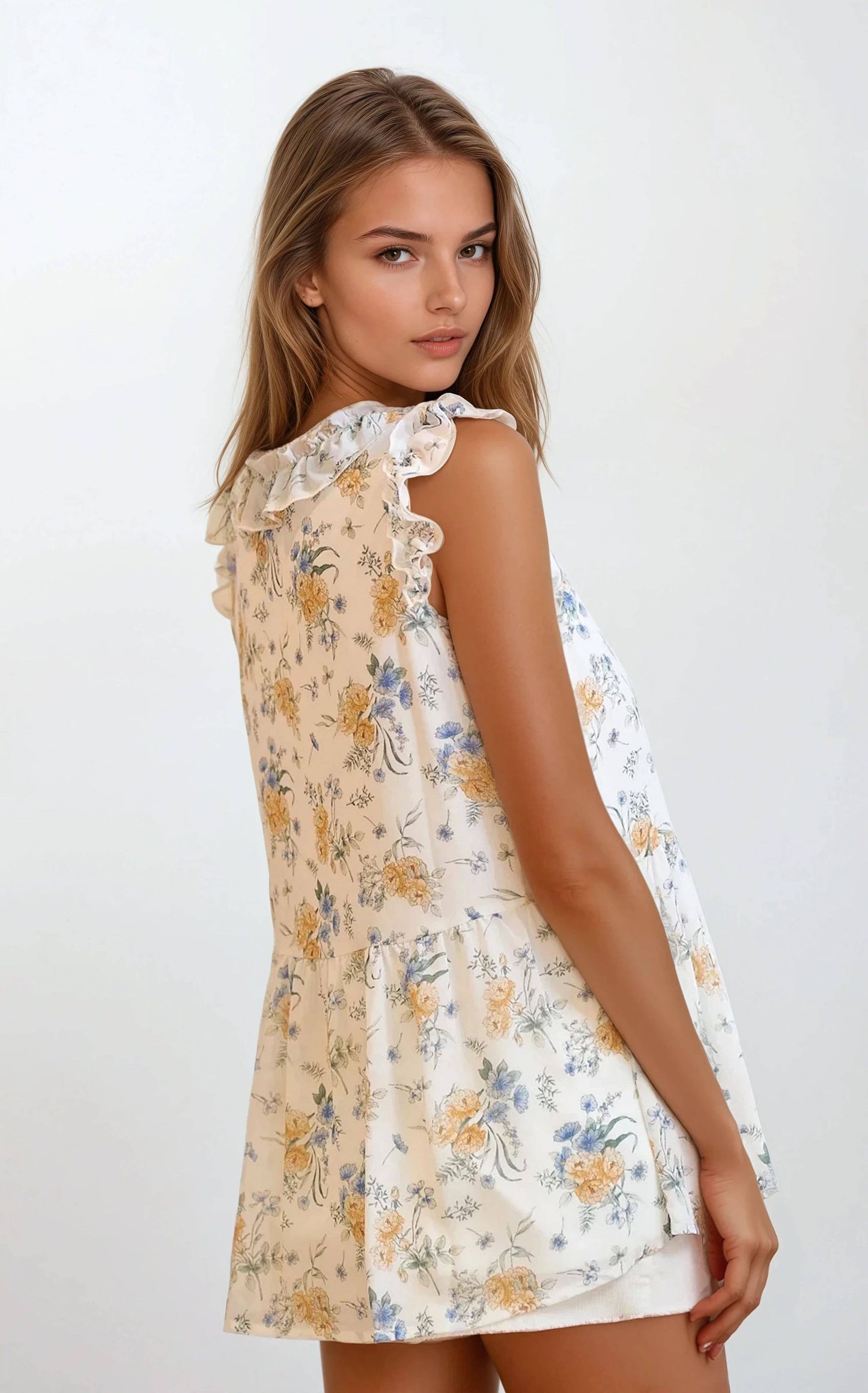 Harlow Floral Ruffle Top in Ivory