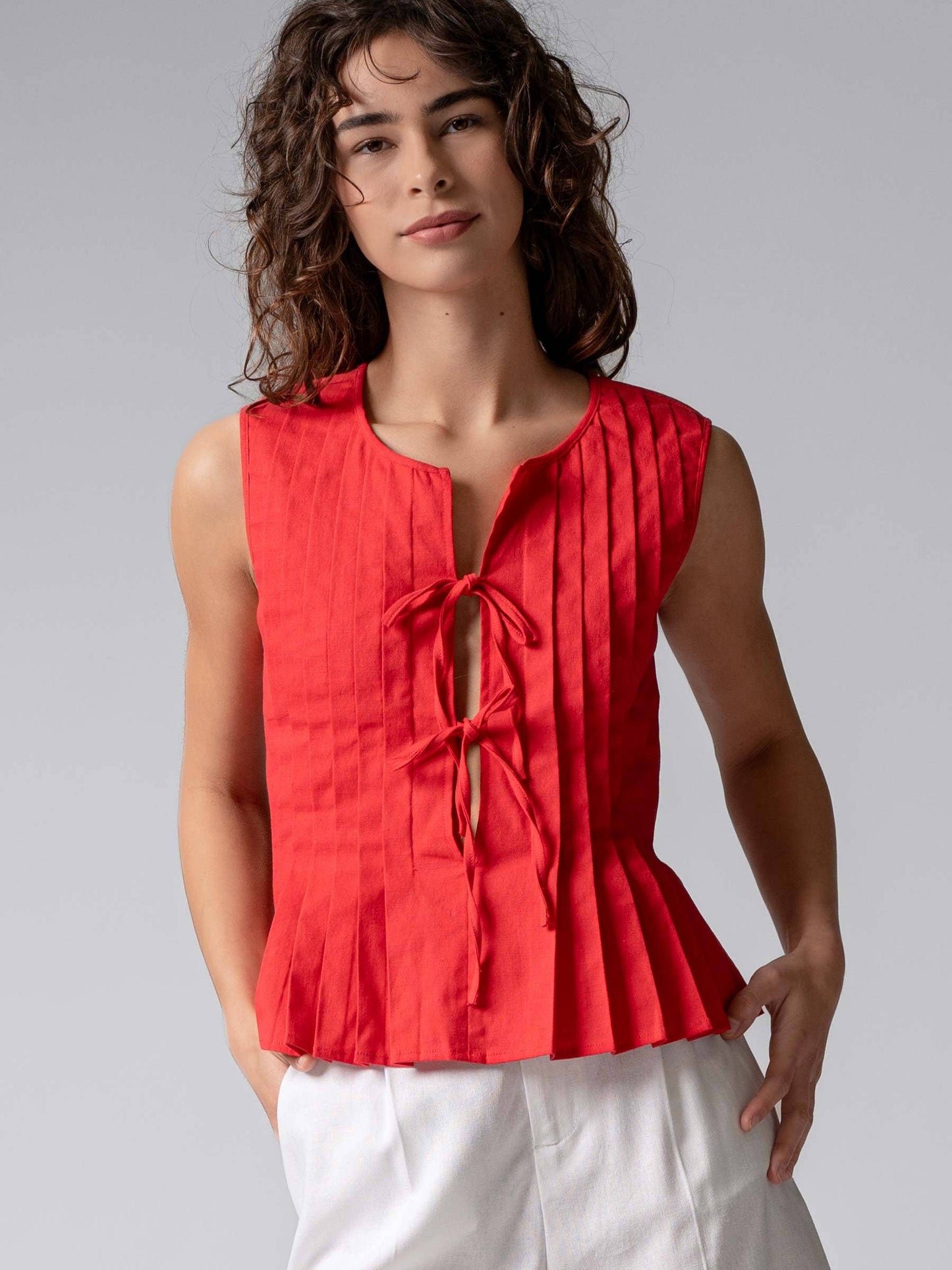 Georgia Pleated Bow Front Top in Red