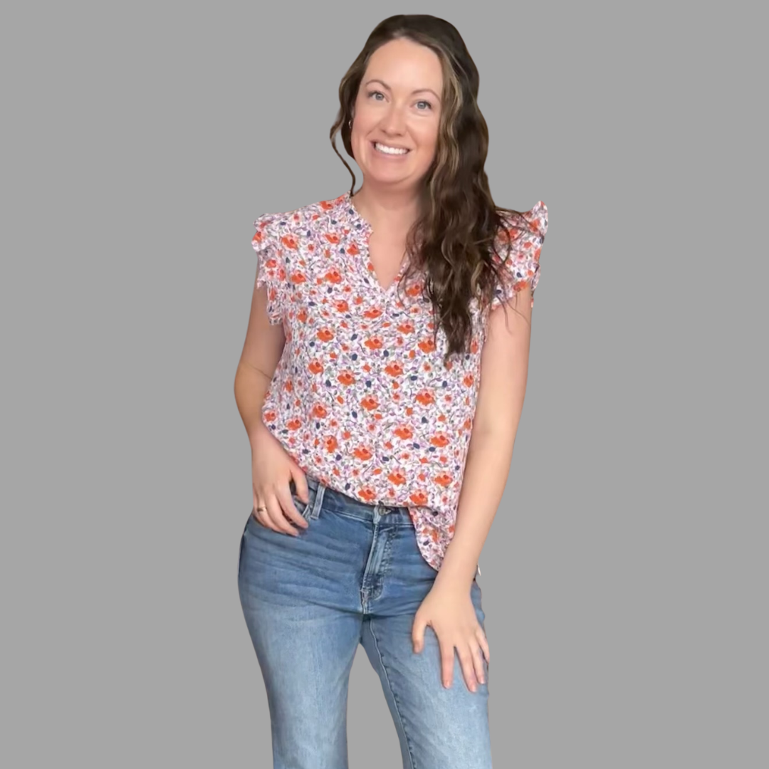 peach floral ruffle sleeve top v neck