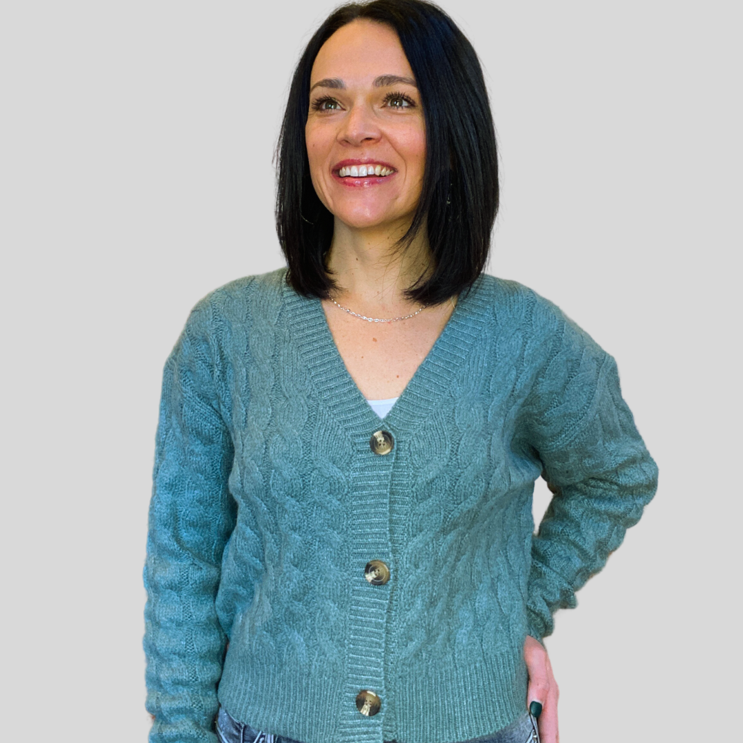grey green cardigan