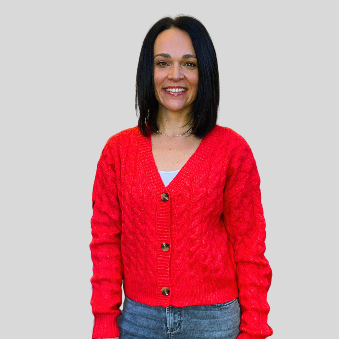 red cardigan
