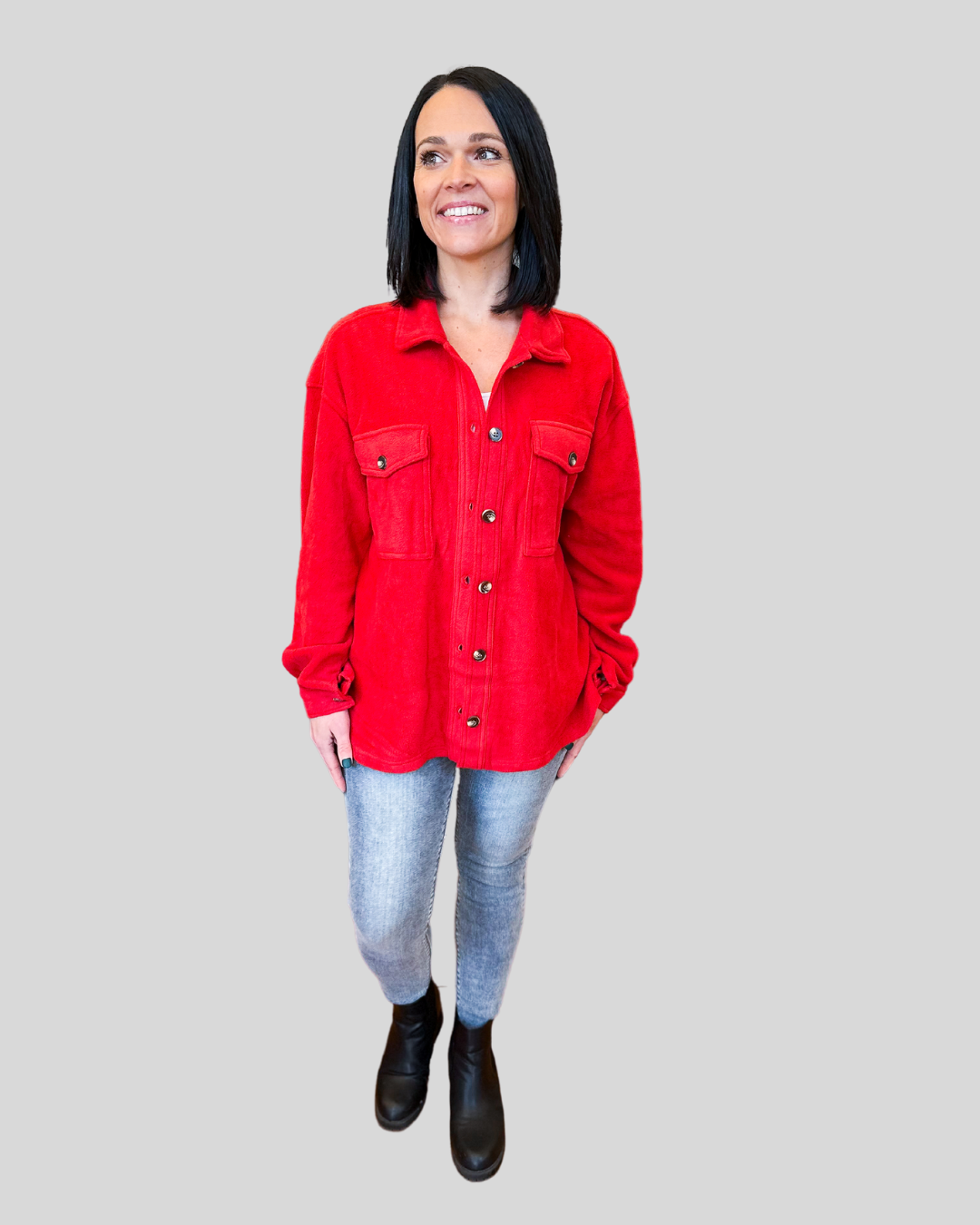 red fleece shacket
