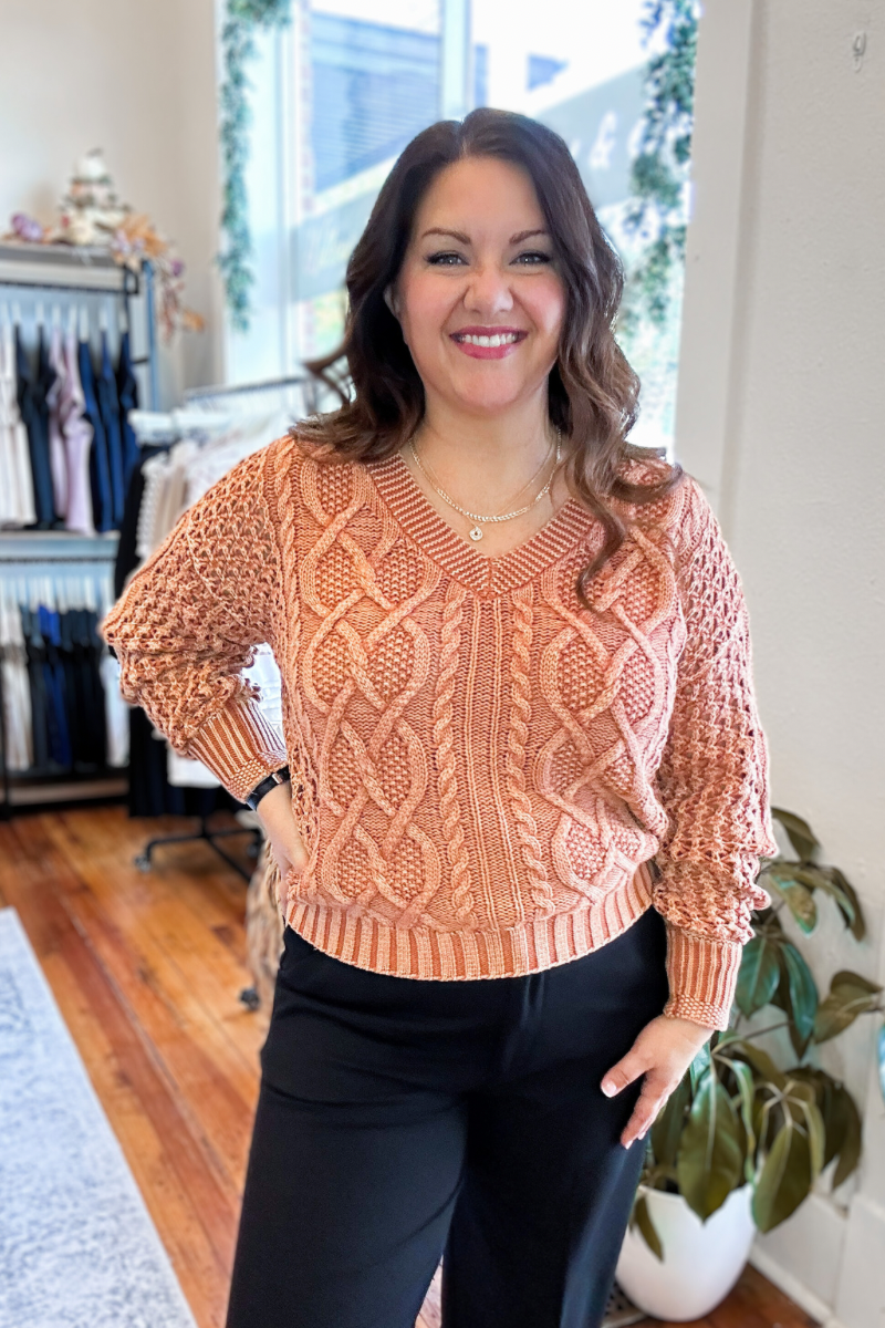 Bianca Acid Wash Orange Cable Knit Sweater