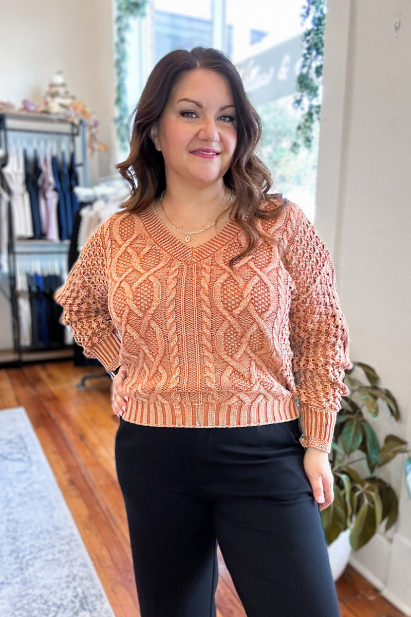 Bianca Acid Wash Orange Cable Knit Sweater