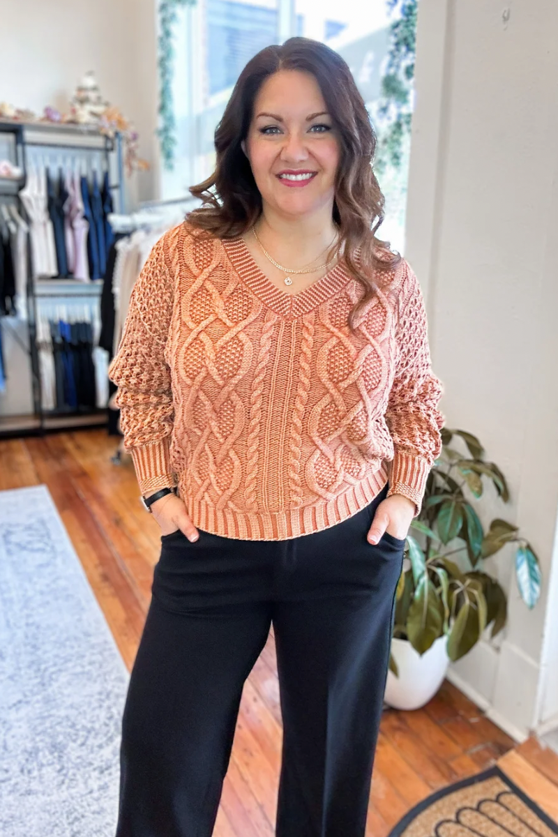 Bianca Acid Wash Orange Cable Knit Sweater