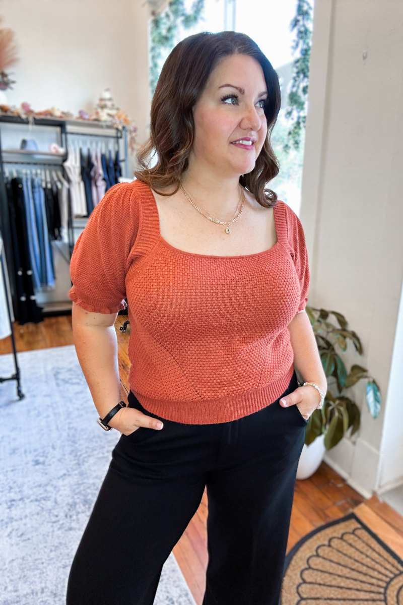 Caspian Orange Puff Sleeve Knit Top