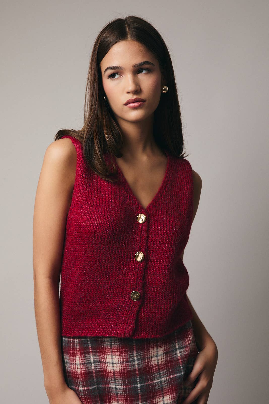V-Neck Button Down Sweater Vest in Berry
