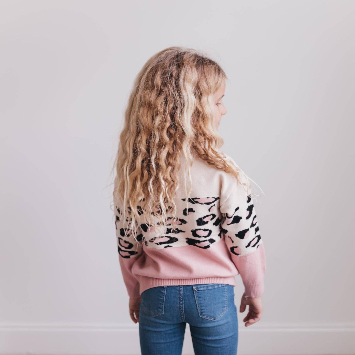 Kids Pink Cream Leopard Crew Neck Sweater