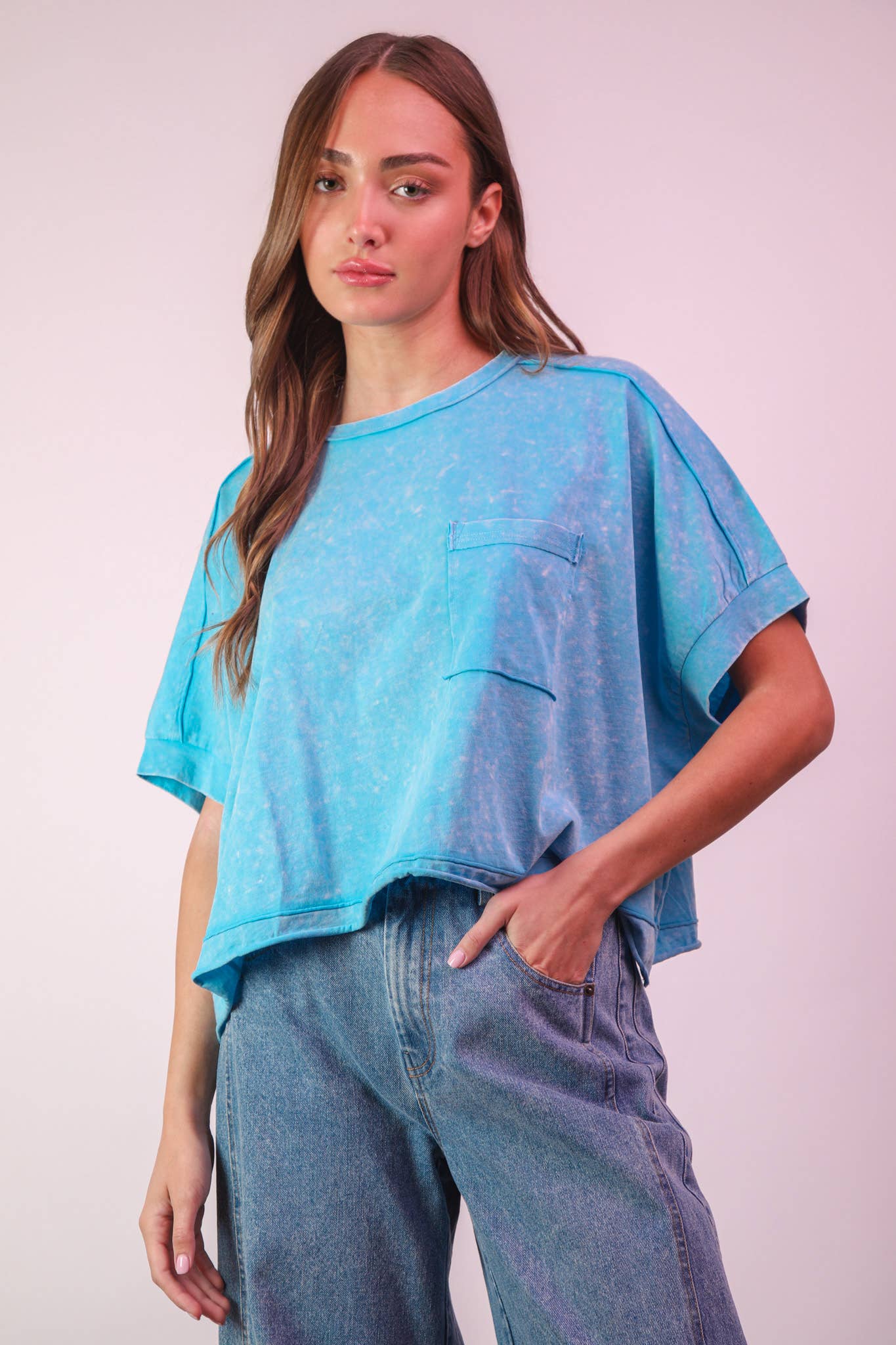 The Mineral Washed Knit Top in Aqua Blue