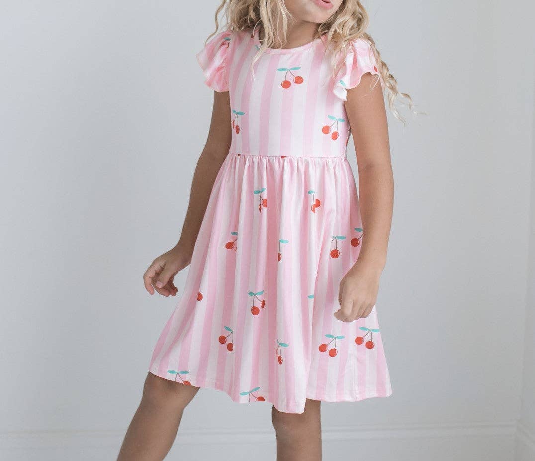 Claire Pink Stripe Cherry Dress