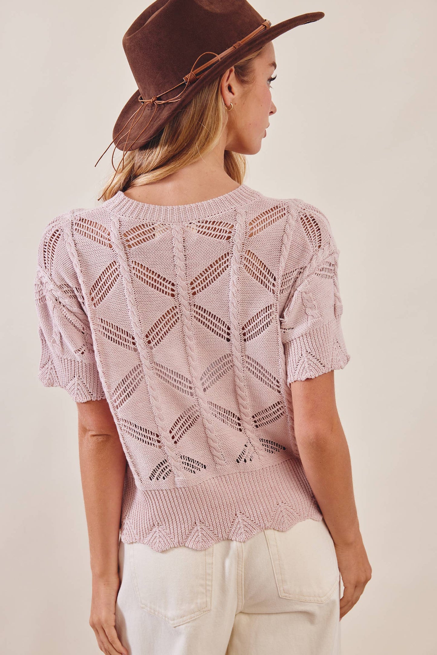 Edna Pointelle Short Sleeve Knit Top in Petal