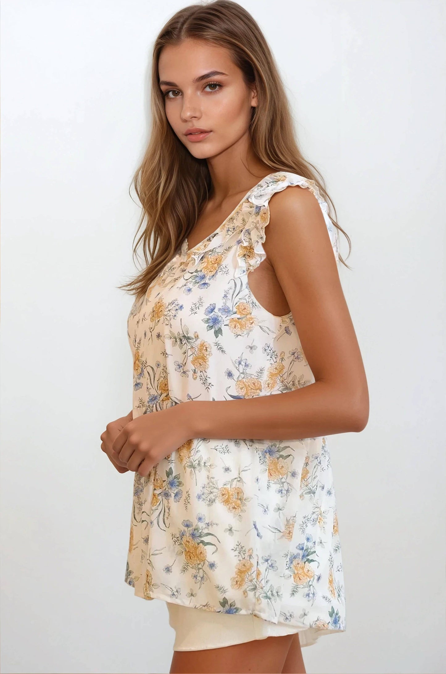 Harlow Floral Ruffle Top in Ivory