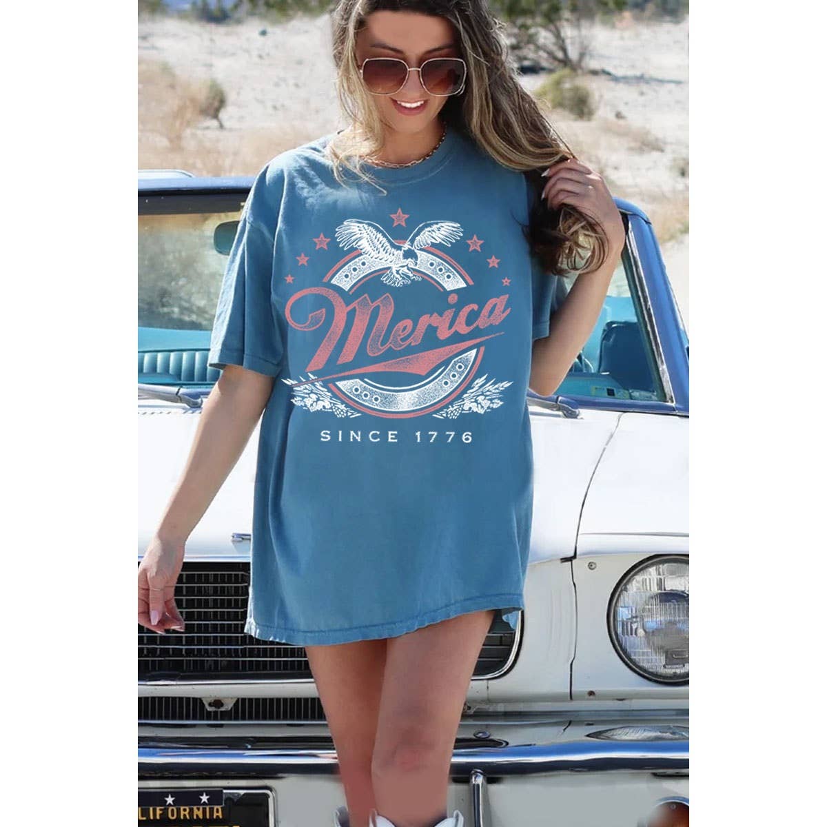 MERICA OVERSIZED GRAPHIC TEE in MINERAL DUSTY BLUE
