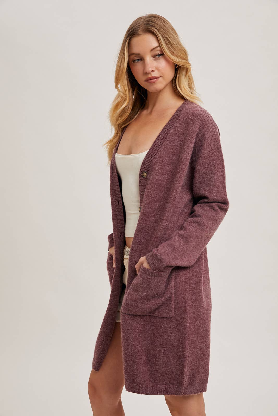 The Dora Long Cardigan in Maroon