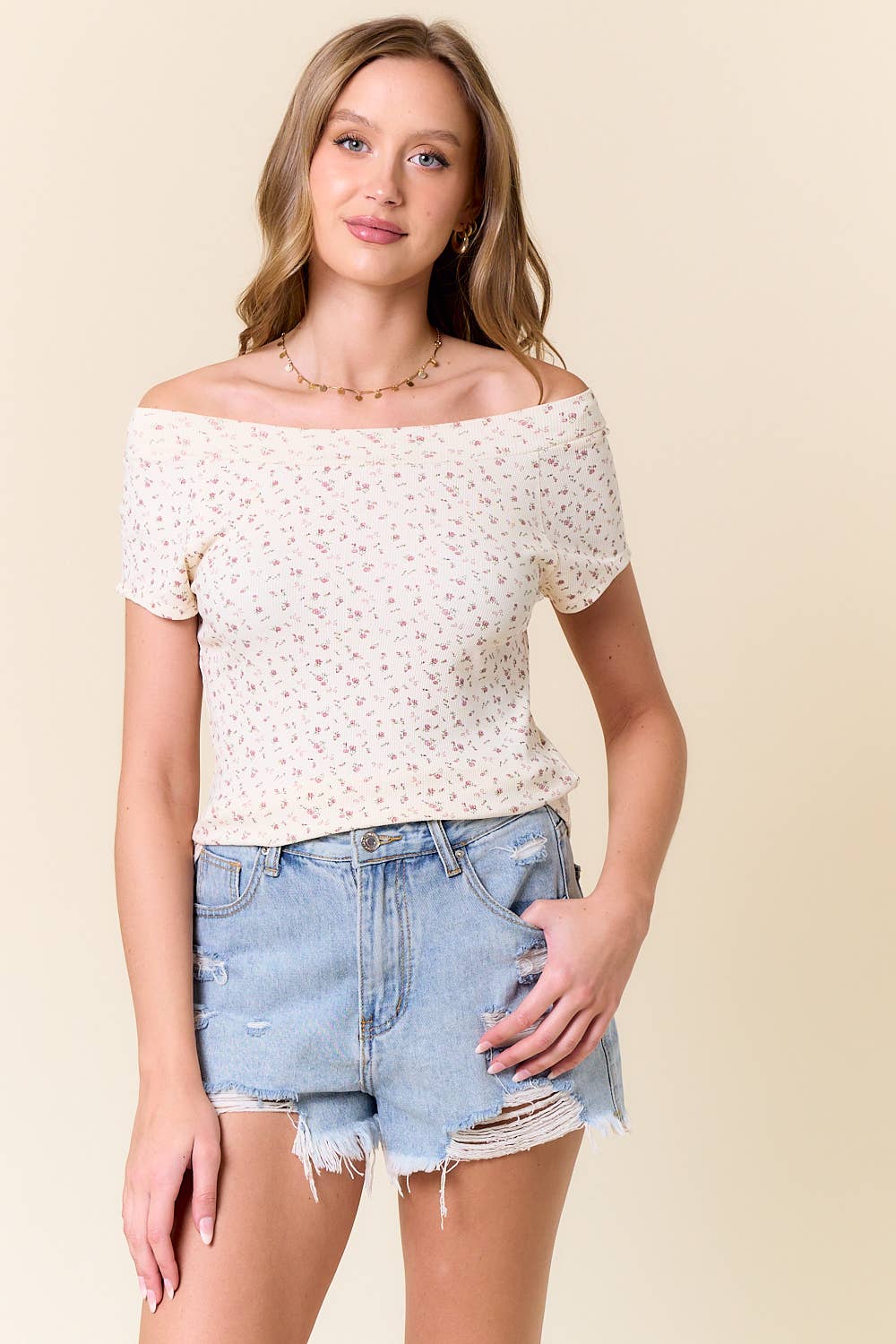 Maeve Floral Print Top in Cream