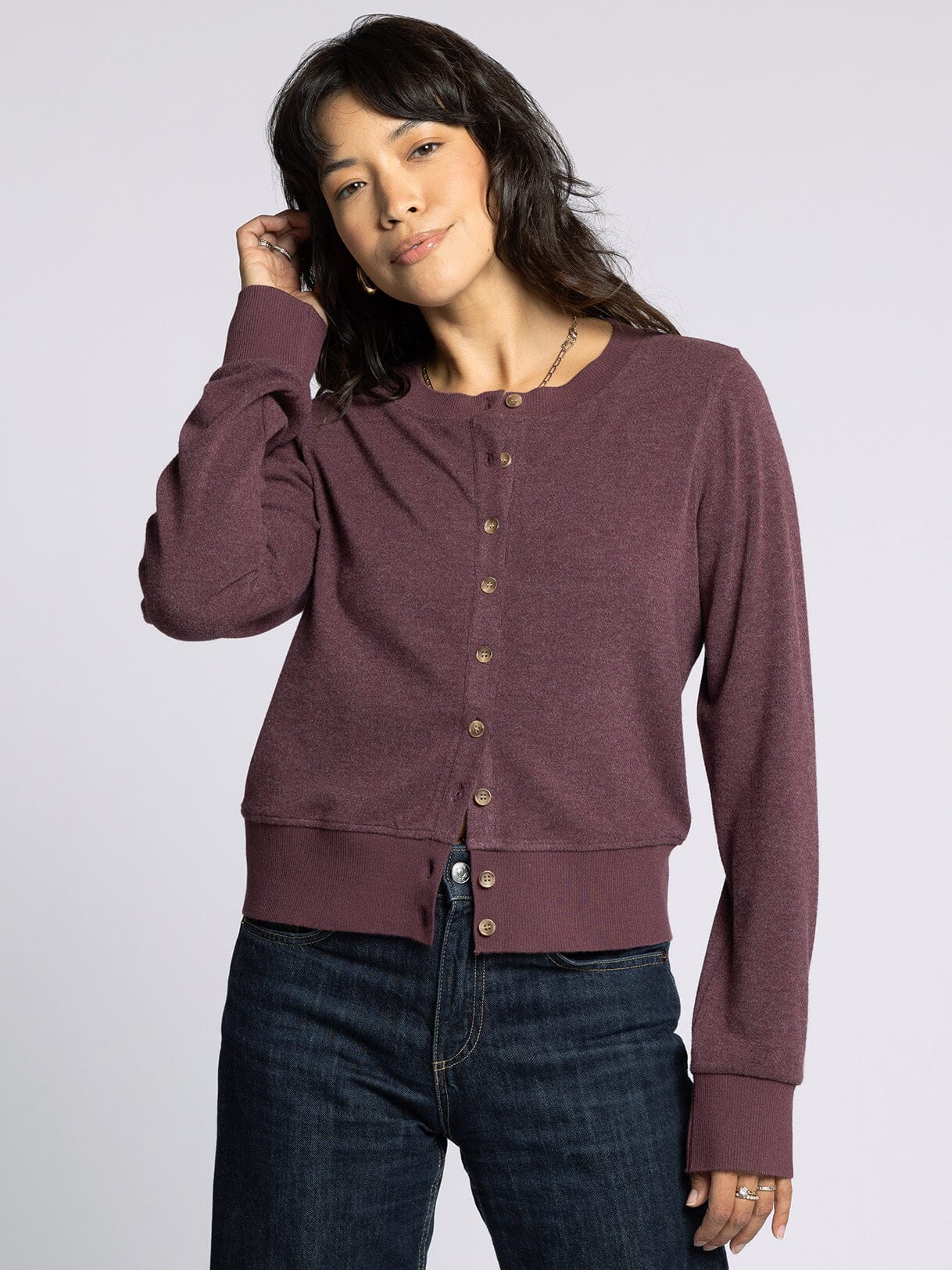 Monica Cardigan in Heather Wine by Thread & Supply