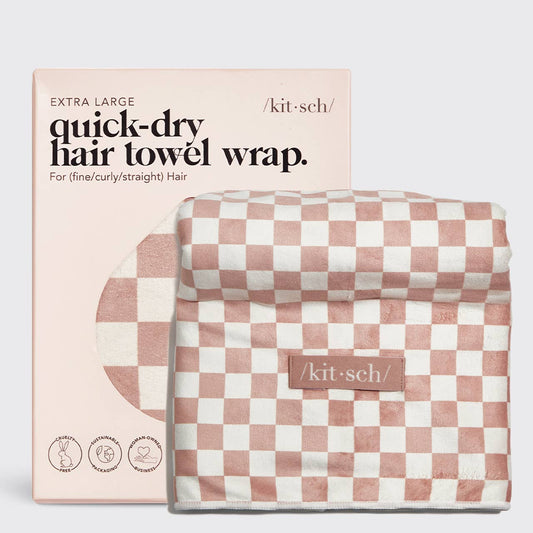 Extra Large Quick-Dry Hair Towel Wrap- Terracotta Checker by KITSCH