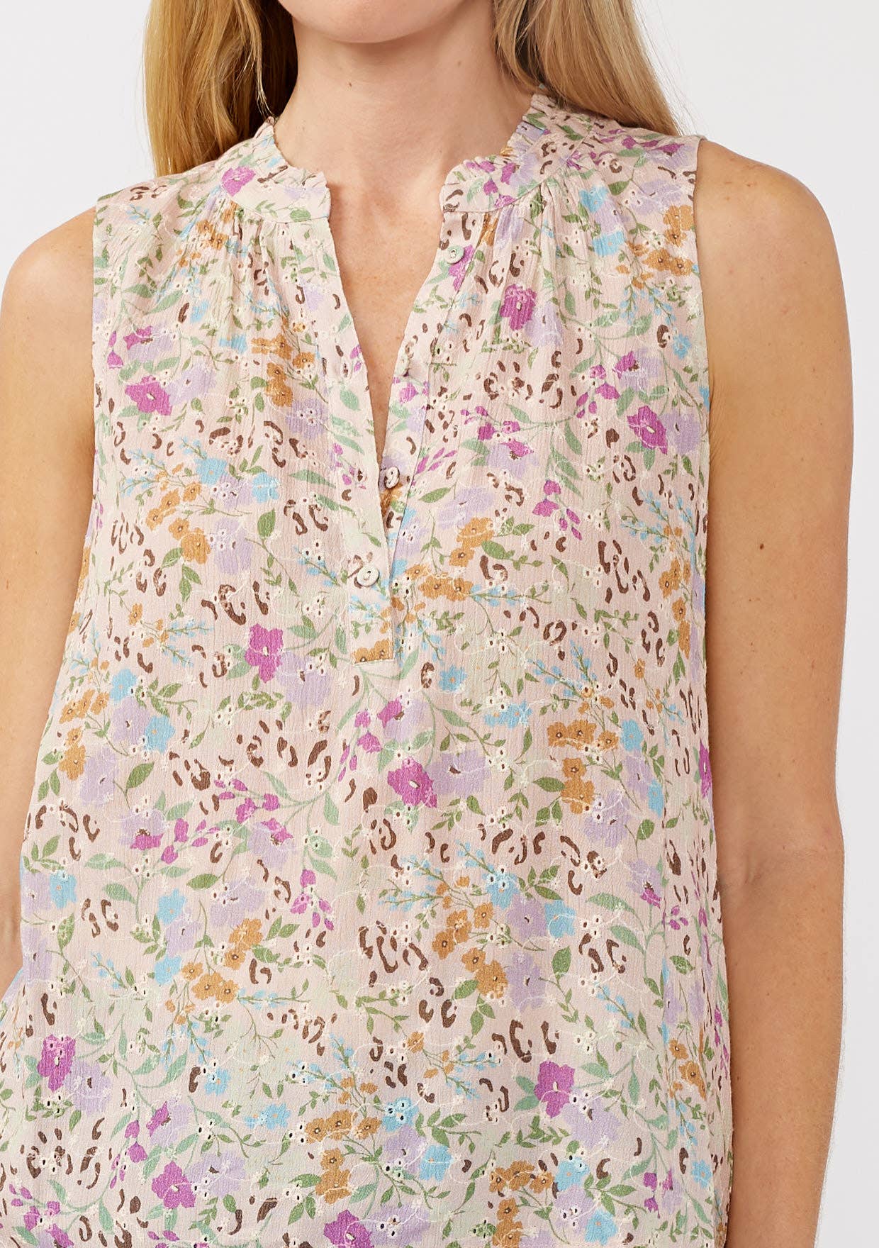 The Jenny Floral Rayon Eyelet Button-Front Tank