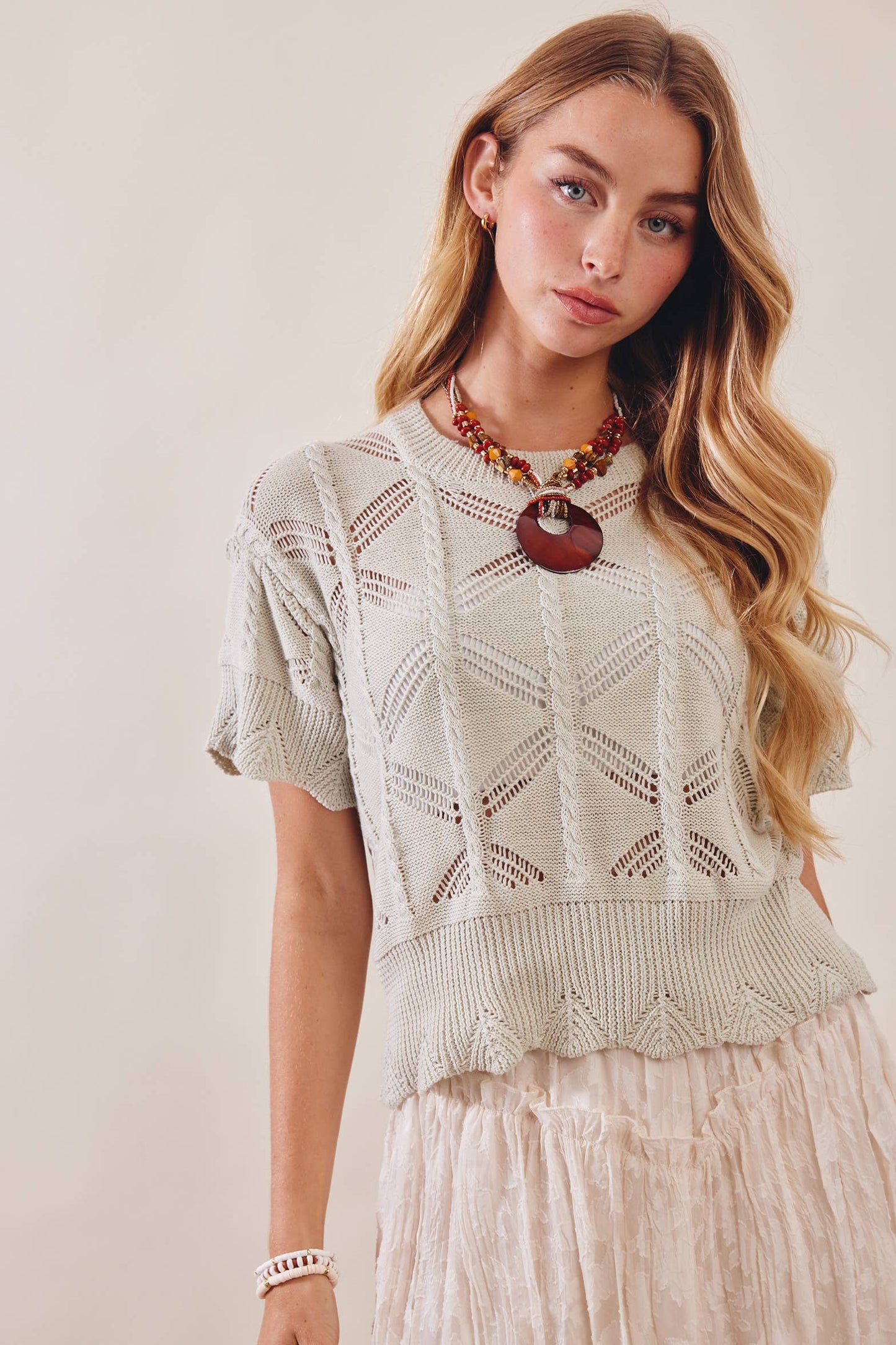 Edna Pointelle Short Sleeve Knit Top in Sage