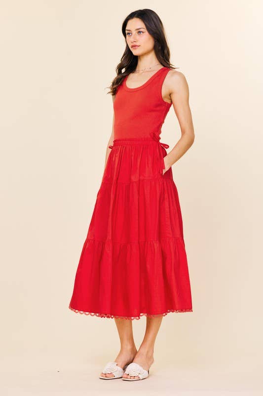 Sleeveless Knit Tank Poplin Skirt Dress in Red