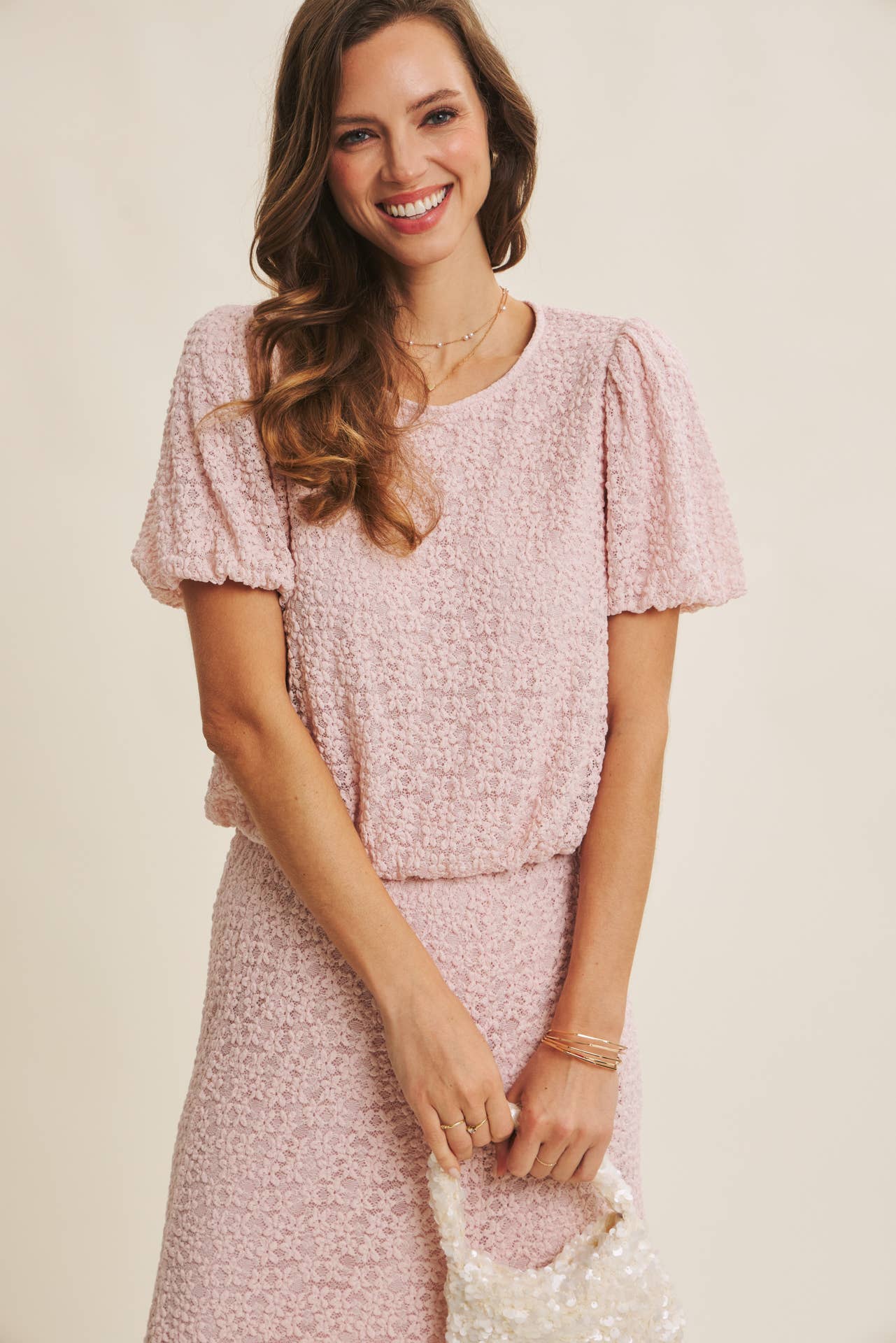 Bella Floral Lace Puff Sleeve Top in Light Pink