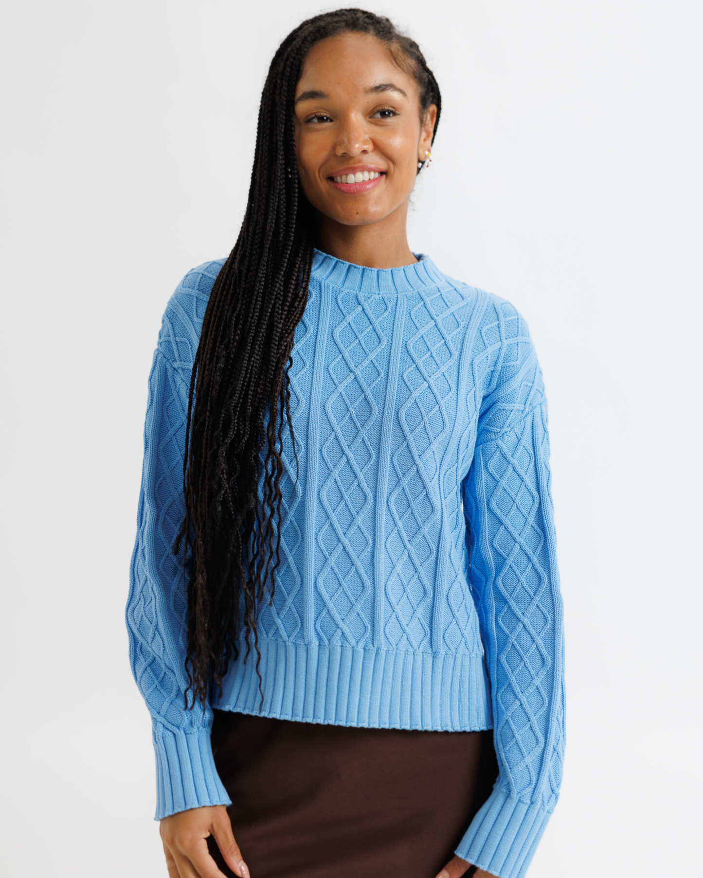 Cable Knit Crew in Azure Blue by Downeast