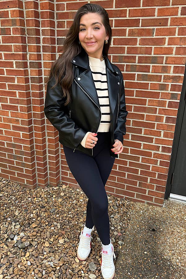 Motto Style Vegan Leather Jacket in Black