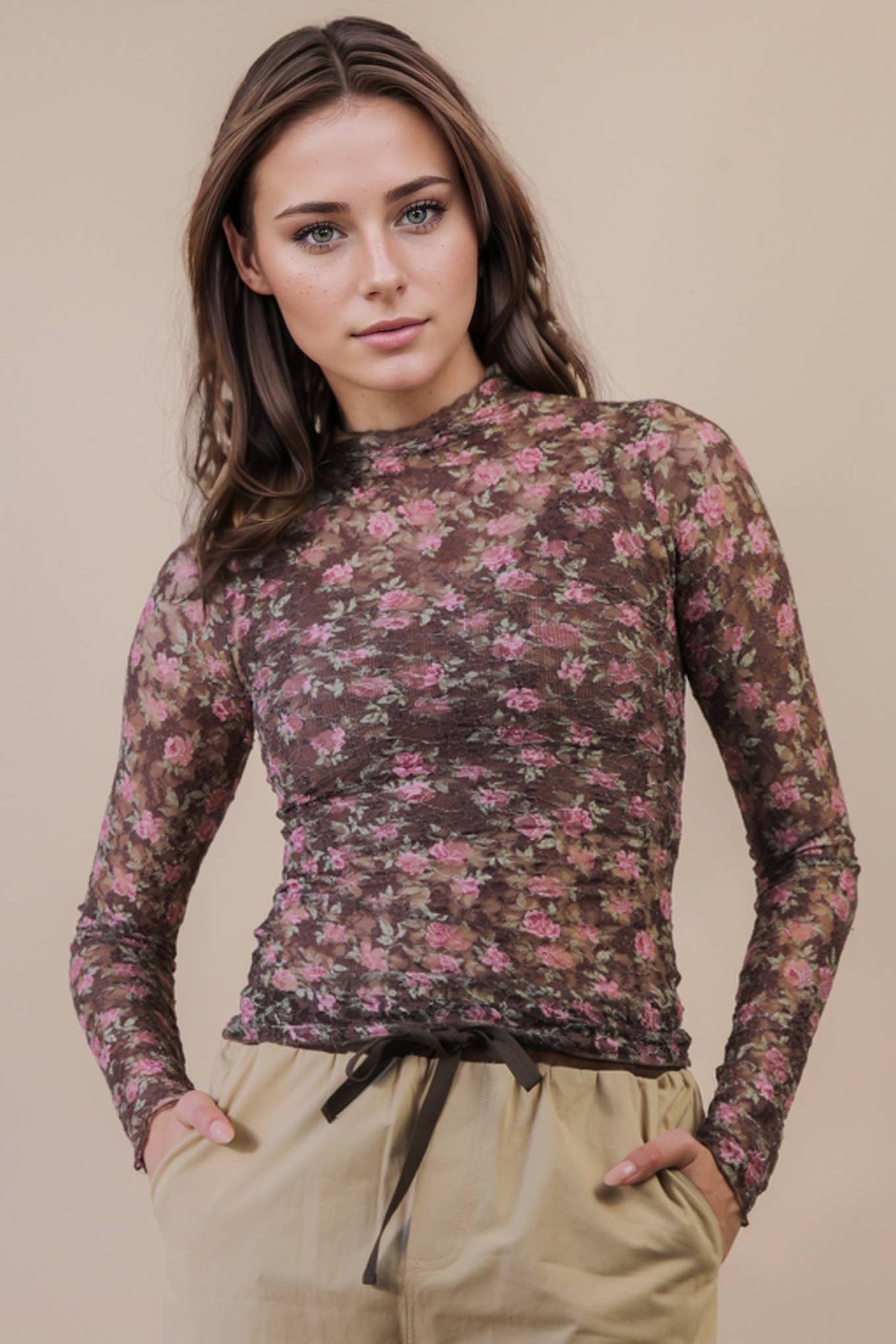High Neck Fitted Sheer Mesh Lace Knit Top in Chocolate Floral