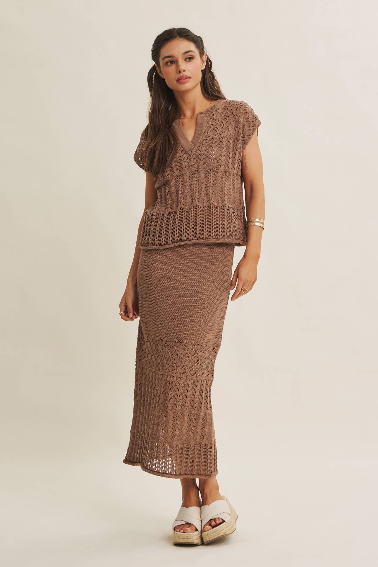 Ophelia Knit Pointelle Crochet Sweater in Mocha