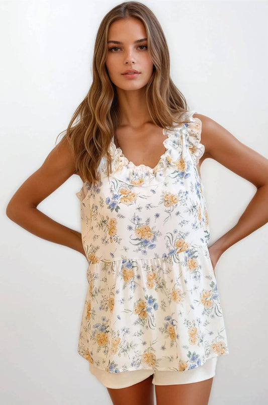 Harlow Floral Ruffle Top in Ivory