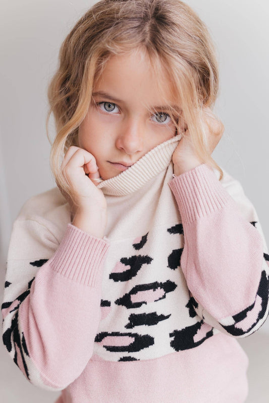 Kids Pink Cream Leopard Crew Neck Sweater