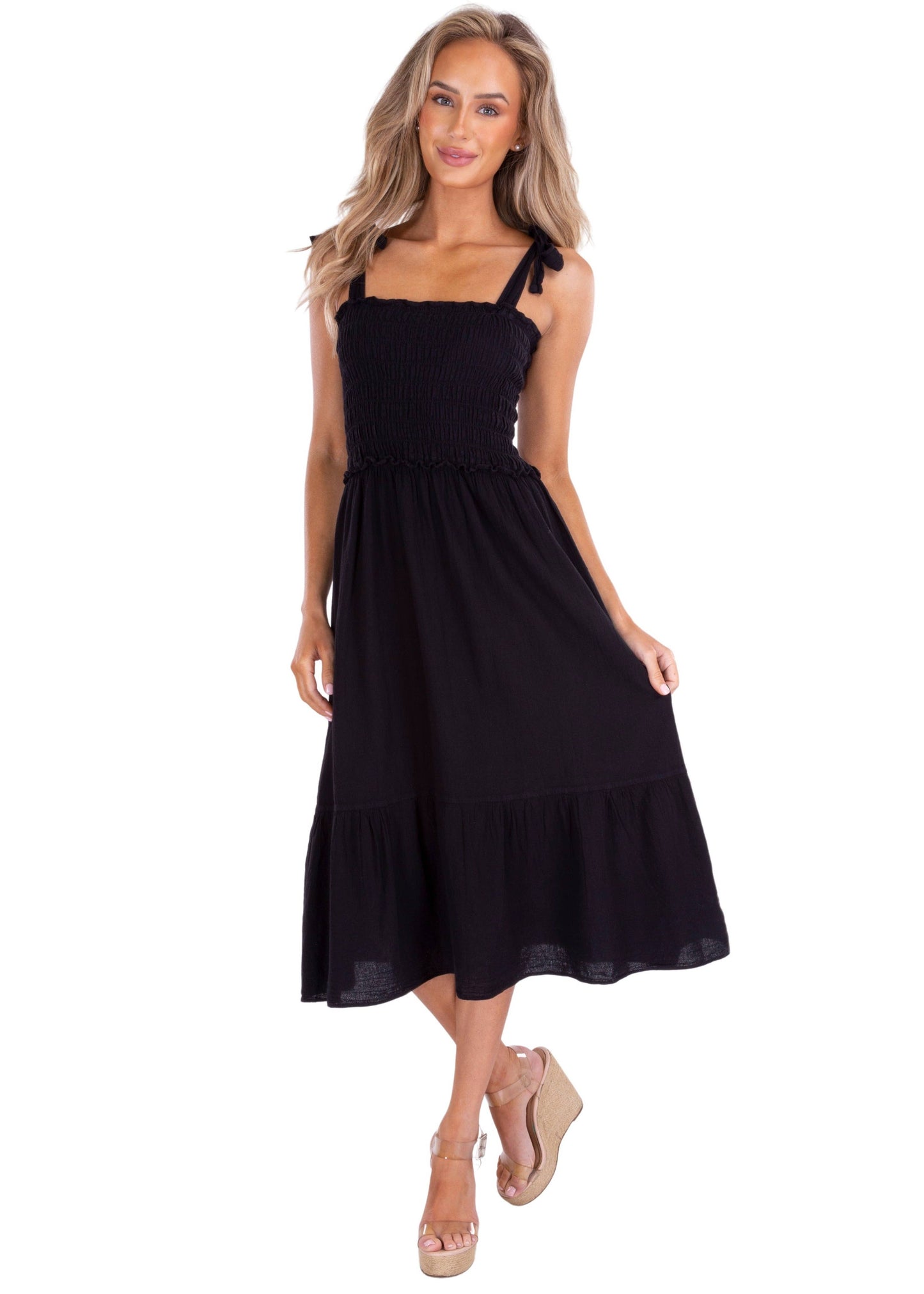 Tie-Shoulder Smocked A-Line Cotton Midi Dress in black
