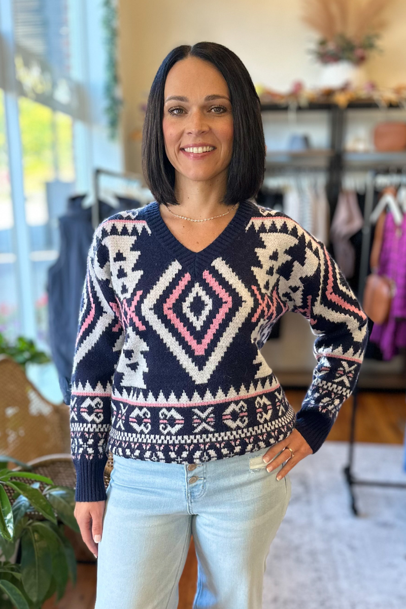 Aztec Pattern Sweater -Navy – Willow and Bright