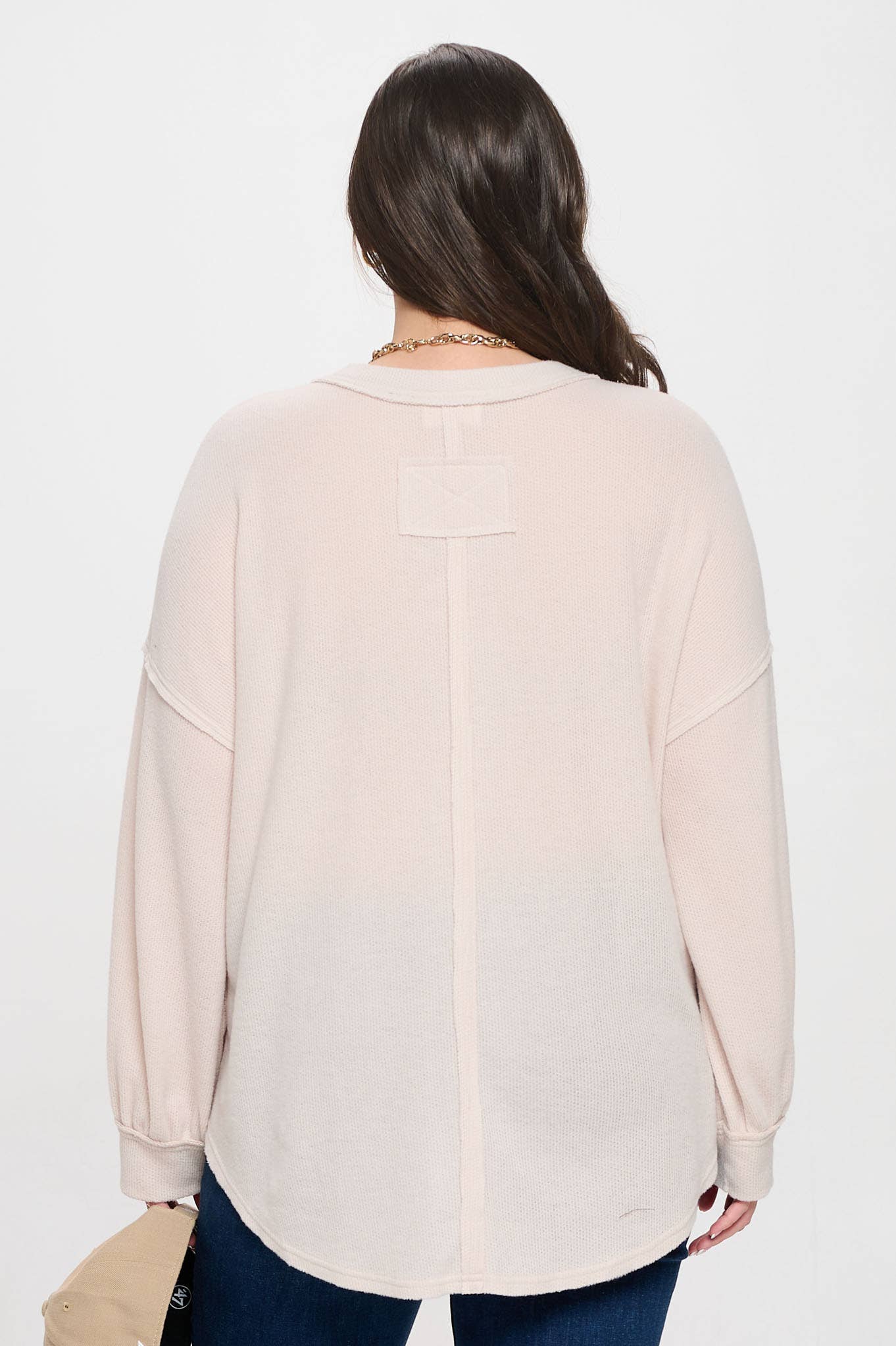 Half Button Long Sleeve Knit Top in Oatmeal (Plus Size)