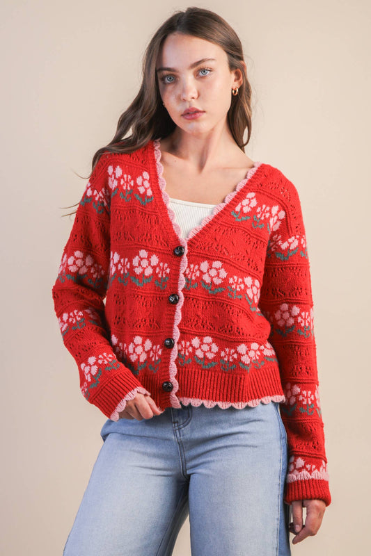 Floral Knit Sweater Cardigan in Red