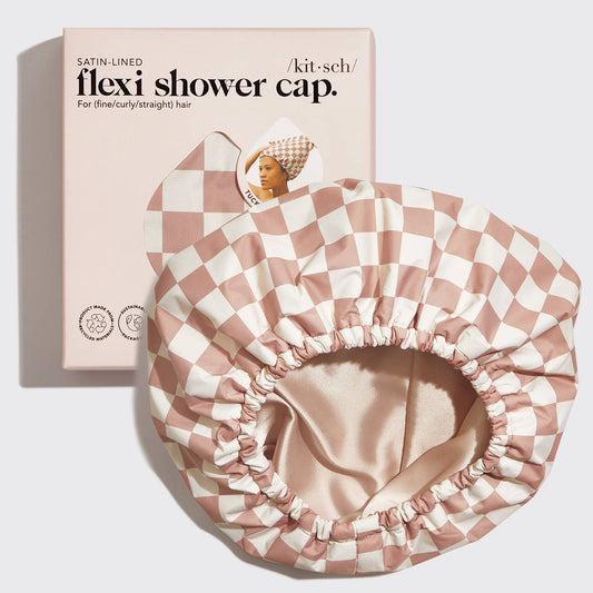 Satin Lined Flexi Shower Cap - Terracotta Checker by KITSCH